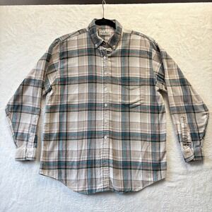 VTG LL Bean Flannel Shirt Women Sz Medium Beige Plaid Northwoods Button Down